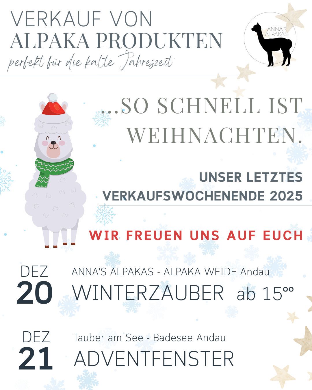 Plakat mit einem gezeichneten Alpaka im Weihnachtsoutfit. Es bewirbt ein Winterwunderland-Event, Annas Alpakas, mit einem Datum vom 20. Dezember, Beginn um 15 Uhr.