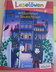 Buchcover von 'Willkommen im Spukschloss!' zeigt ein Schloss mit einer Krähe auf dem Tor, einem Jungen in Vampirkostüm und einem Mumie vor dem Tor stehend.