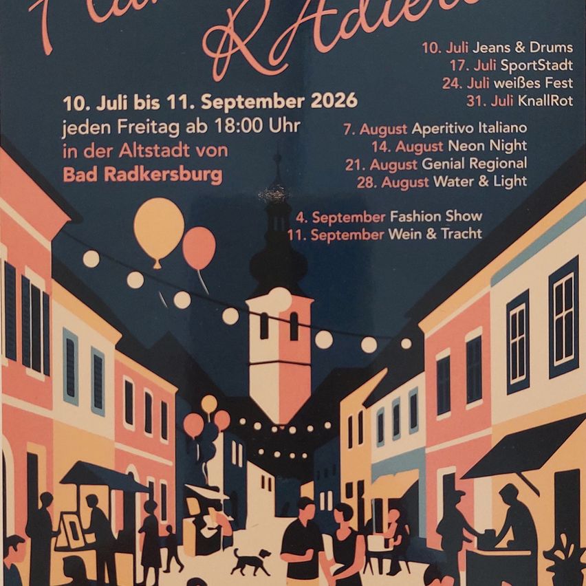 Plakat für 'Radler Advent' Veranstaltung in Bad Radkersburg, Österreich, zeigt eine Nachtszene mit Menschen, Gebäuden und Luftballons. Daten und Veranstaltungen aufgeführt.