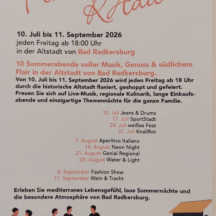 Plakat für Sommerveranstaltungen in der Altstadt von Bad Radkersburg, Österreich. Termine vom 10. Juli bis 11. September 2026. Veranstaltungen umfassen Jeans & Drums, SportStadt, Weißes Fest und mehr.