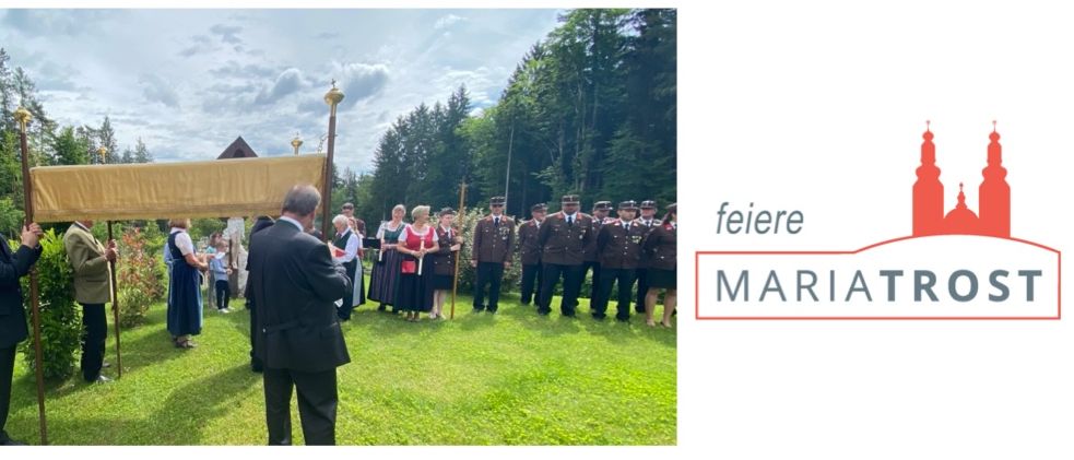 Ein Plakat lädt zum Fronleichnamsfest und zur Prozession ein. Mehrere Bilder zeigen Menschen in traditionellen Kostümen und einem Banner. Die Veranstaltung findet am Sonntag, 7. Juni 2026 um 9:00 Uhr statt.