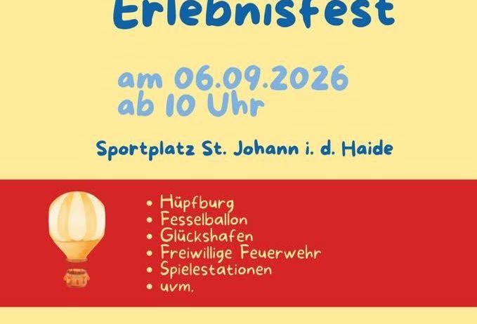 Plakat für ein Familienerlebnisfest am 6. September 2026 mit Heißluftballon, Hüpfburg und Feuerwehrauto. Aktivitäten umfassen eine Hüpfburg, Fässerballons, Wahrsagerei, freiwillige Feuerwehr und mehr.