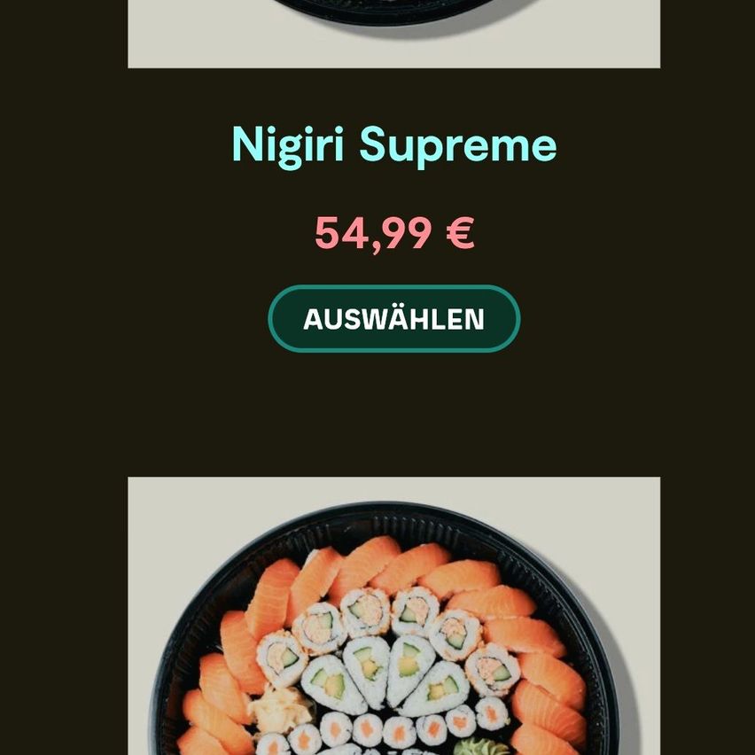 Eine Werbung für Nigiri Supreme Sushi mit einem Preis von 54,99 Euro. Ein Auswahlknopf ist ebenfalls sichtbar.