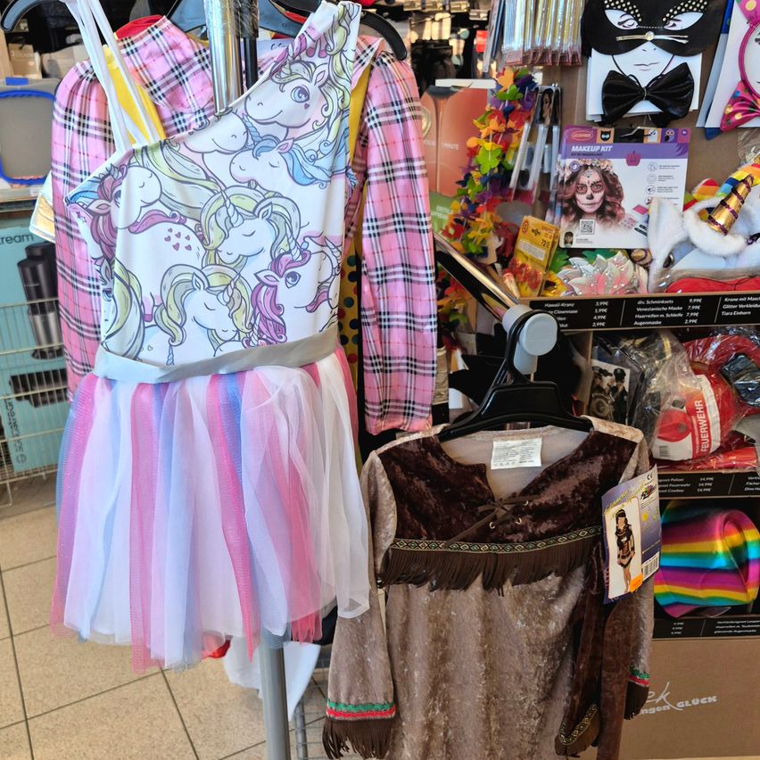 Ein rosa-weißes Kleid mit Einhörnern und ein braunes Samtkostüm mit Fransen an einem Kleiderbügel in einem Geschäft.