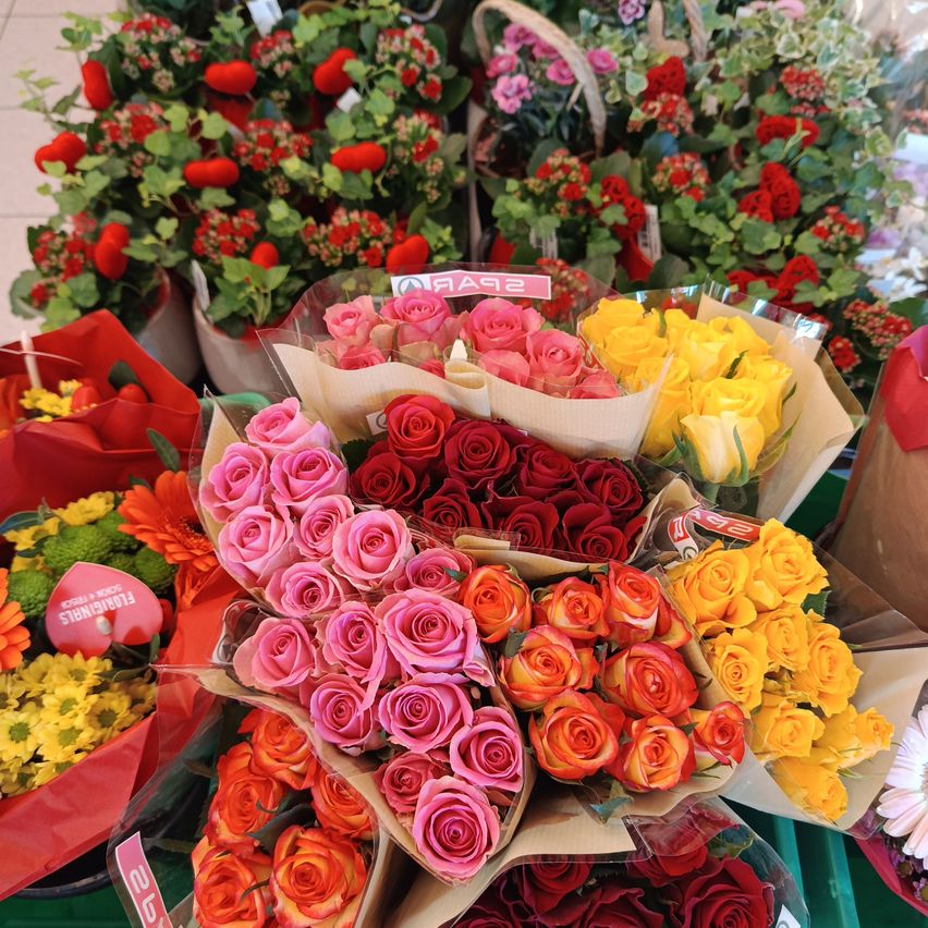 Eine Vielzahl von Rosen, einschließlich rosa, rot und gelb, sind in Sträußen zum Verkauf angeordnet. Die Blumen sind auf einer grünen Oberfläche ausgestellt.