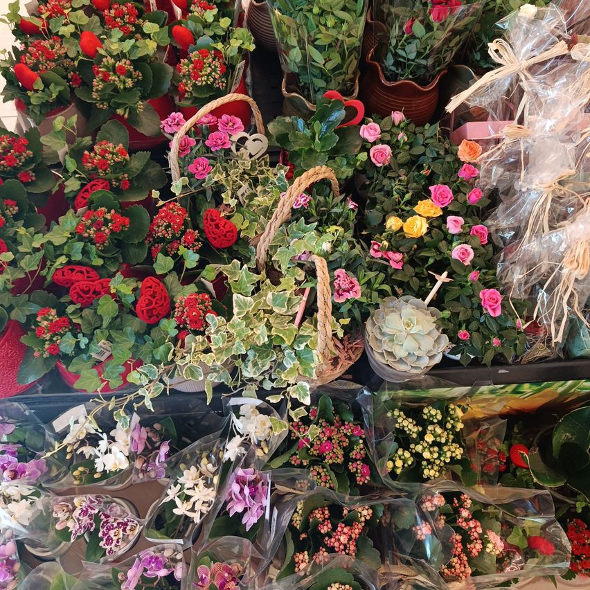 Eine Ausstellung verschiedener Blumen in verschiedenen Farben, Größen und Anordnungen, einige in Körben und andere in Plastikverpackungen, mit einigen herzförmigen Objekten.