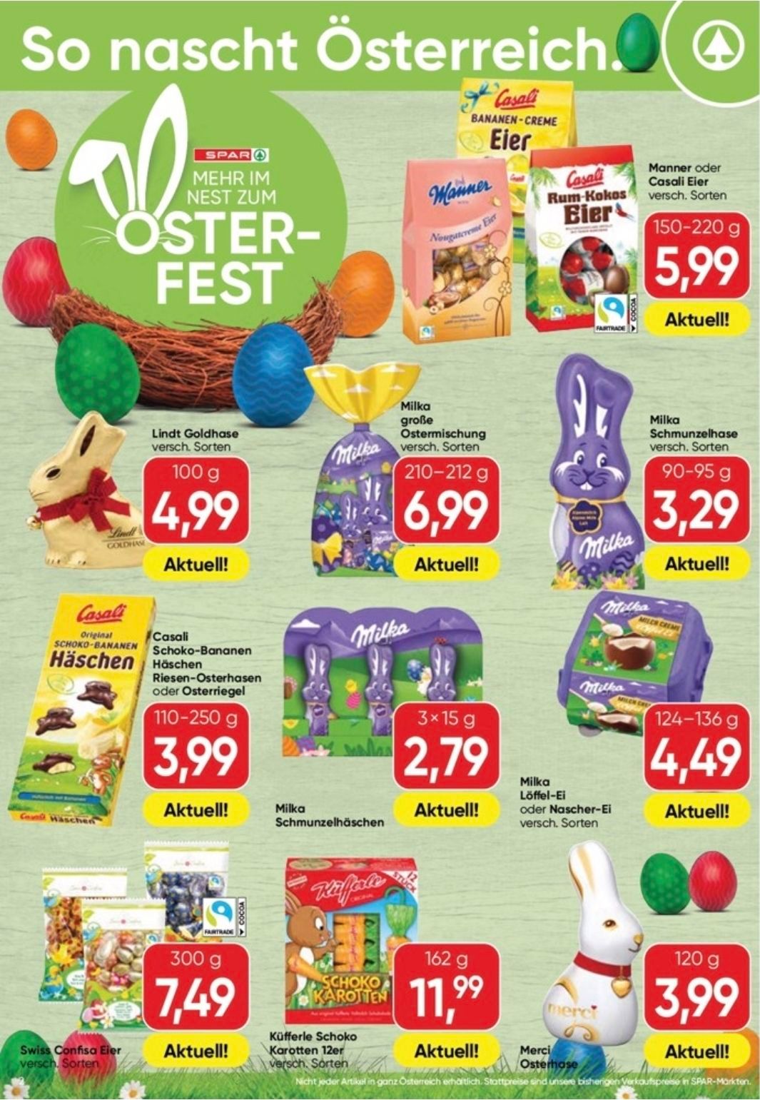 Werbung für Osterfest mit verschiedenen Schokoladen- und Süßwarenprodukten. Lindt Goldhase für 4,99, Milka Schmenzelhasen für 3,29, Milka Ostermischung für 6,99, Milka Löffel-Ei für 4,49 und mehr. Jedes Produkt hat einen Aktionspreis.