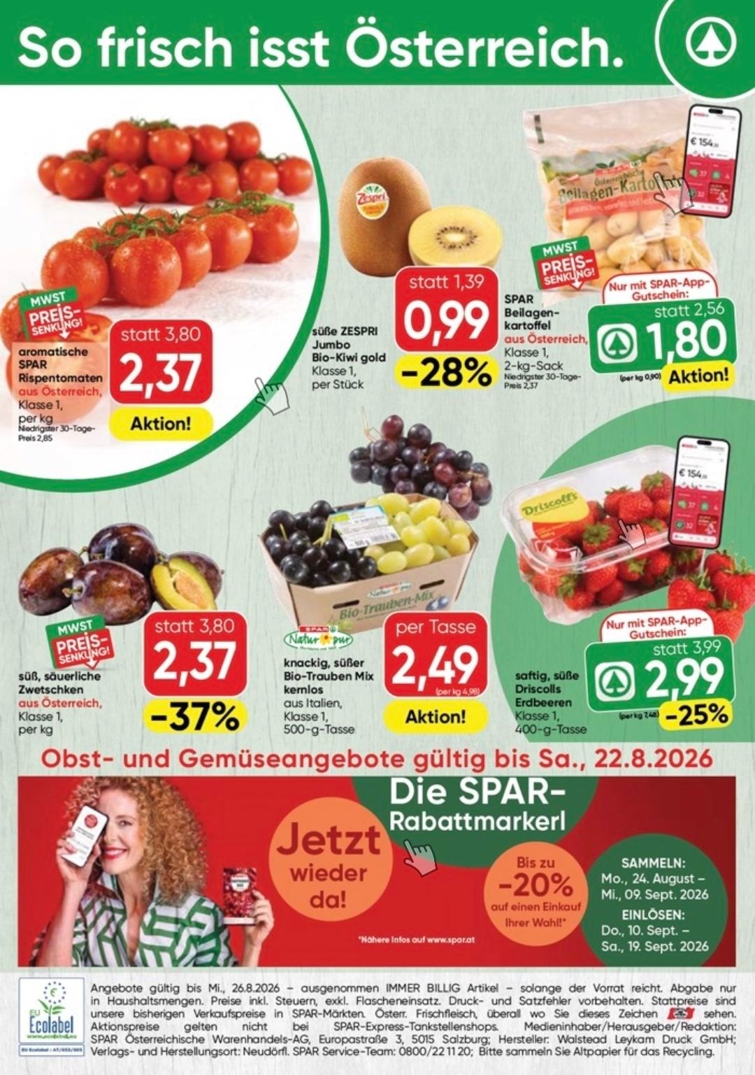 Ein Werbeflyer für einen Supermarkt mit verschiedenen Obst- und Gemüseangeboten im Angebot, darunter Tomaten, Kiwis und Trauben. Der Flyer hebt Rabatte und Sonderangebote hervor, wie 'Preis-Senkung' und 'Aktion!'. Er zeigt auch eine Frau, die ein Smartphone hält, was möglicherweise auf die Verwendung einer Einkaufs-App hinweist.