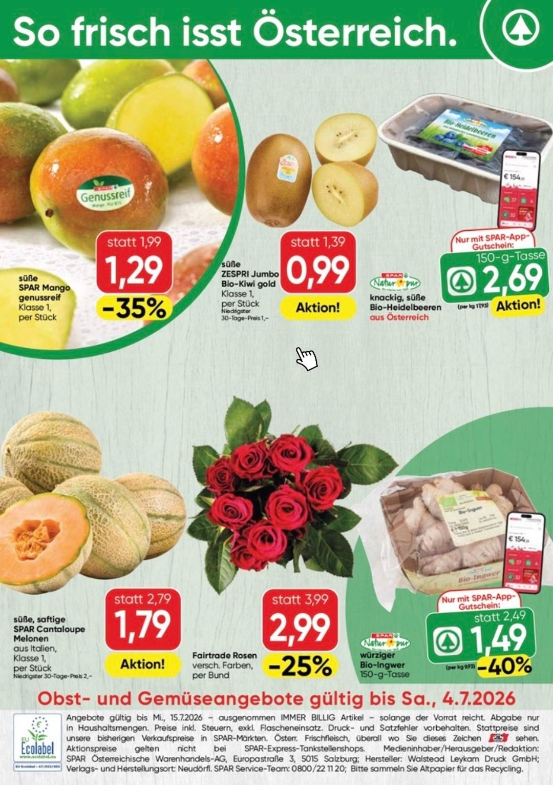 Werbeanzeige für frisches Obst mit Rabatten auf Mangos, Kiwis, Cantaloupe und Ingwer. Mangos sind 35% reduziert, Kiwis sind im Angebot zum 30-Tage-Preis, Cantaloupe ist 25% reduziert und Ingwer ist um 40% reduziert.