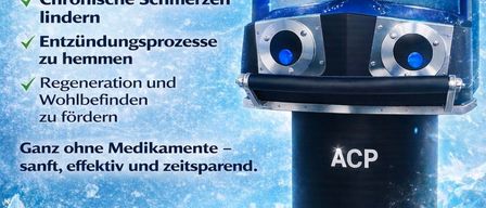 Eine Werbung für ACP zeigt eine blau-schwarze Maschine mit eisblauen Akzenten. Sie verspricht, chronische Schmerzen zu lindern, Entzündungen zu reduzieren und die Regeneration ohne Medikamente zu fördern. Der Slogan lautet: 'Dein Neustart beginnt mit Kälte.' Besuche www.cool-balance.at.