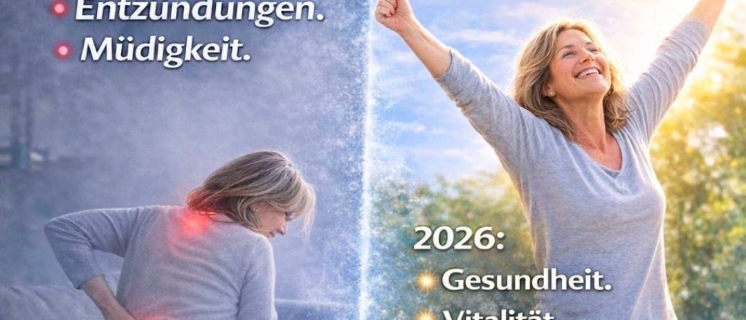 Ein Poster zeigt zwei Bilder einer Frau. Das linke Bild zeigt sie mit Rückenschmerzen sitzend. Das rechte Bild zeigt sie freudestrahlend stehend. Das Poster verspricht, dass durch moderate Kälteanwendung im Jahr 2026 Gesundheit, Vitalität und guter Schlaf erreicht werden.
