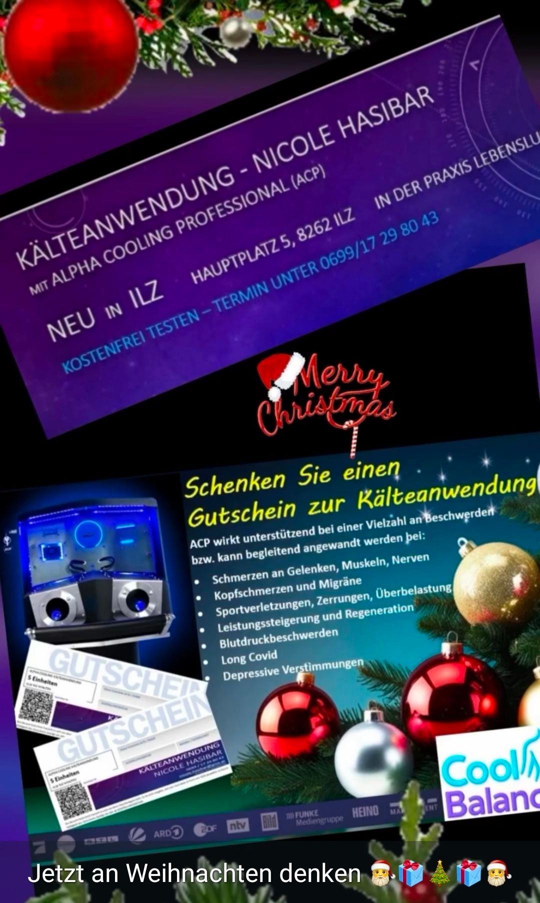 Ein Werbeplakat für Alpha Cooling mit einem Geschenkgutscheinangebot für eine Kälteanwendung. Der Gutschein kann für verschiedene Beschwerden verwendet werden. Es hat ein Weihnachtsthema.