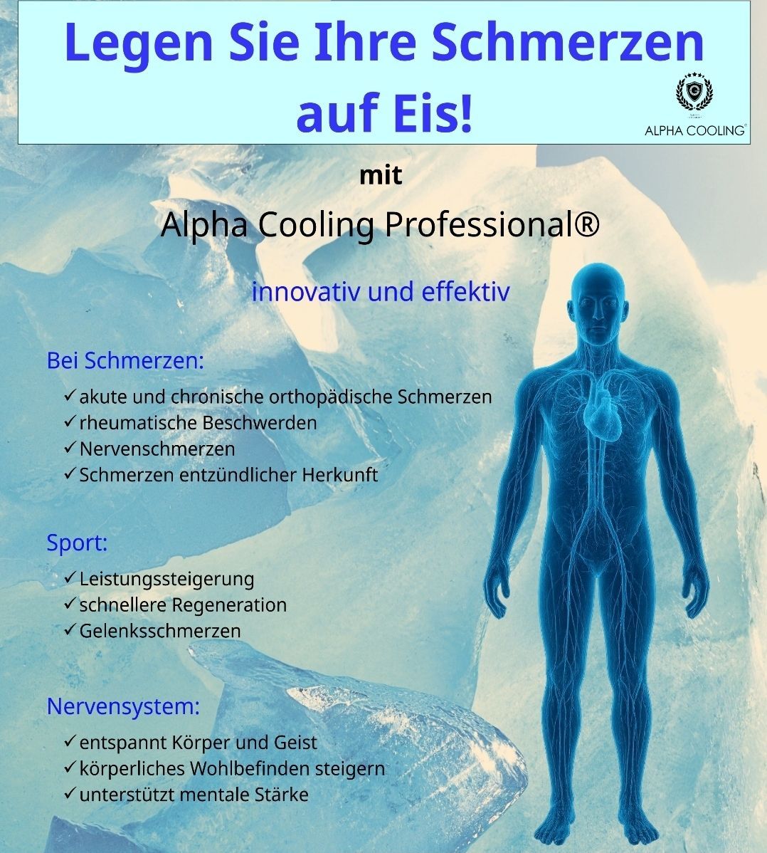 Eine Werbung für Alpha Cooling Professional zeigt eine blaue Figur mit hervorgehobenen Blutgefäßen. Es hebt die Linderung verschiedener Schmerzen und Vorteile für die sportliche Leistung hervor.
