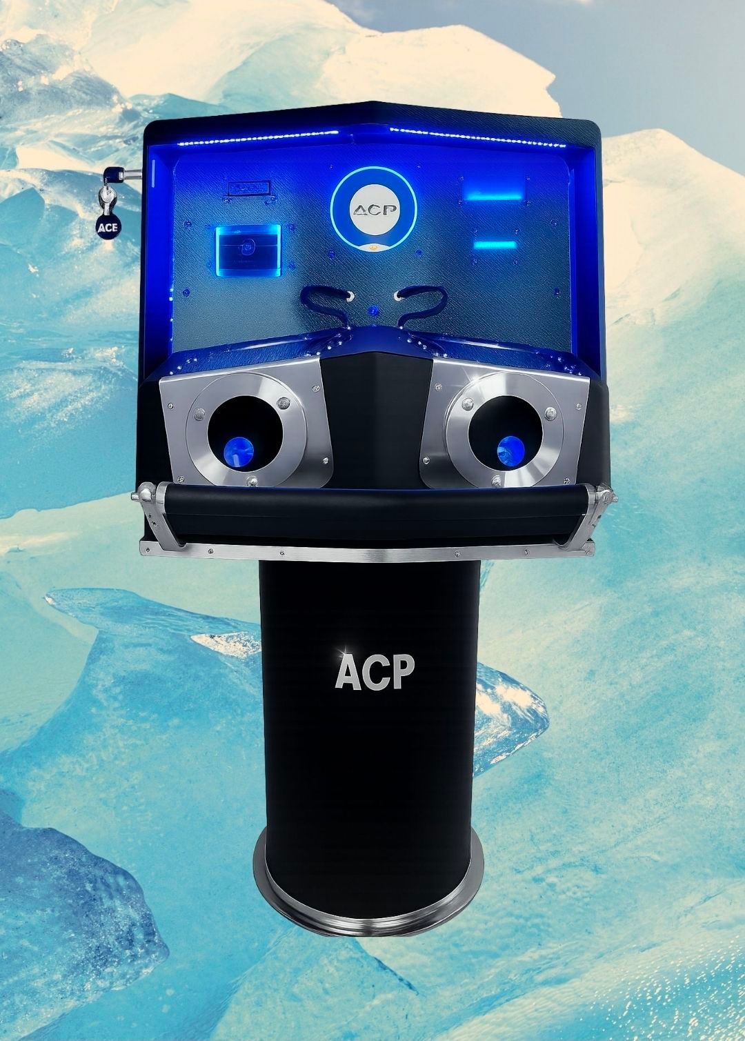 An advanced machine with blue lighting and the letters ACP on it. The machine has two circular openings and a circular design on the front.
