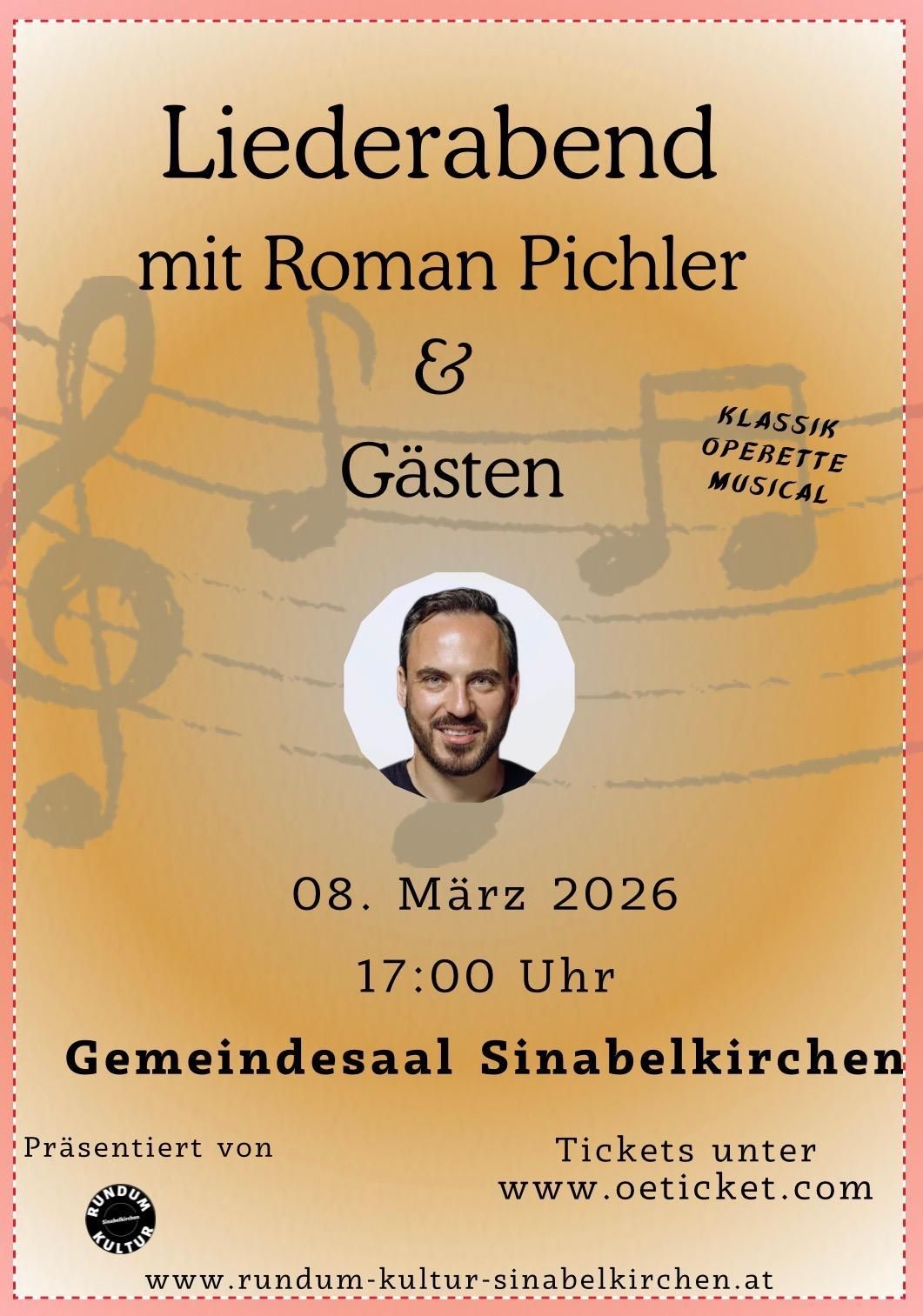 Ein Plakat für eine Veranstaltung mit Roman Pichler und Gasten, geplant für den 8. März 2026 um 17:00 Uhr im Gemeindesaal Sinabelkirchen.