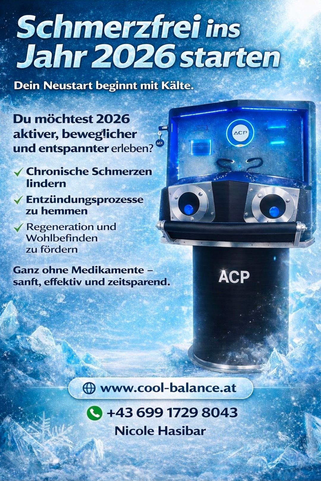 An advertisement for a medical device promotes relief from chronic pain, inflammation, and regeneration. It highlights the benefits of using the device without medication, emphasizing its gentleness, effectiveness, and time-saving nature. The device is displayed against an icy background.