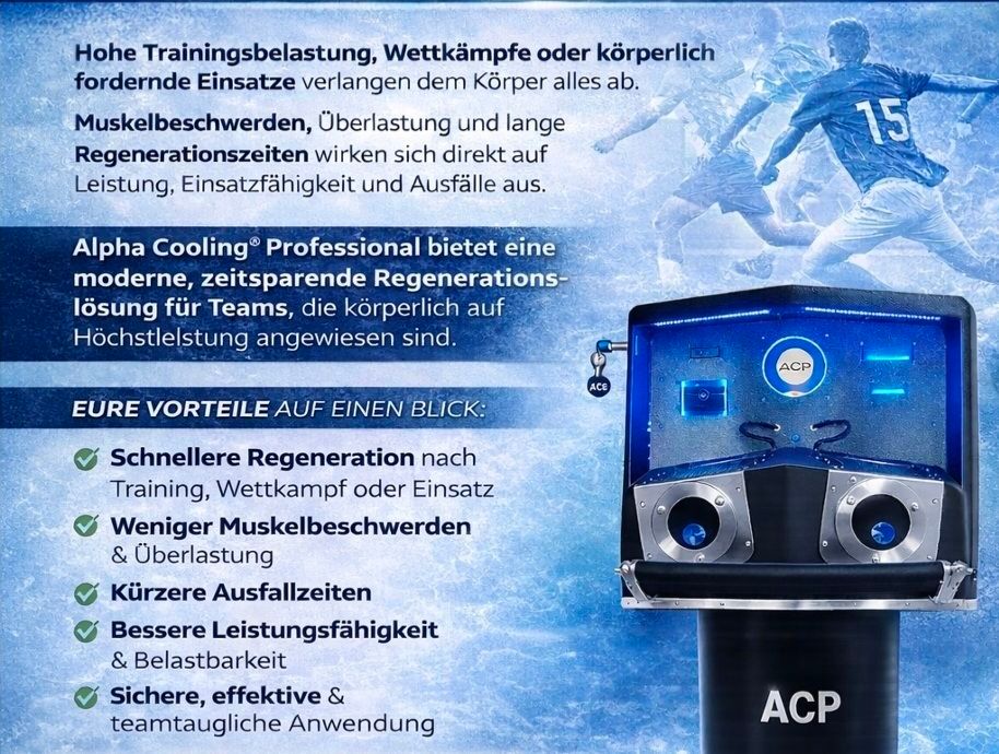 Infographic for Alpha Cooling Professional. It highlights benefits like faster regeneration, reduced muscle soreness, shorter downtime, and improved performance. Features a device and soccer players in action.