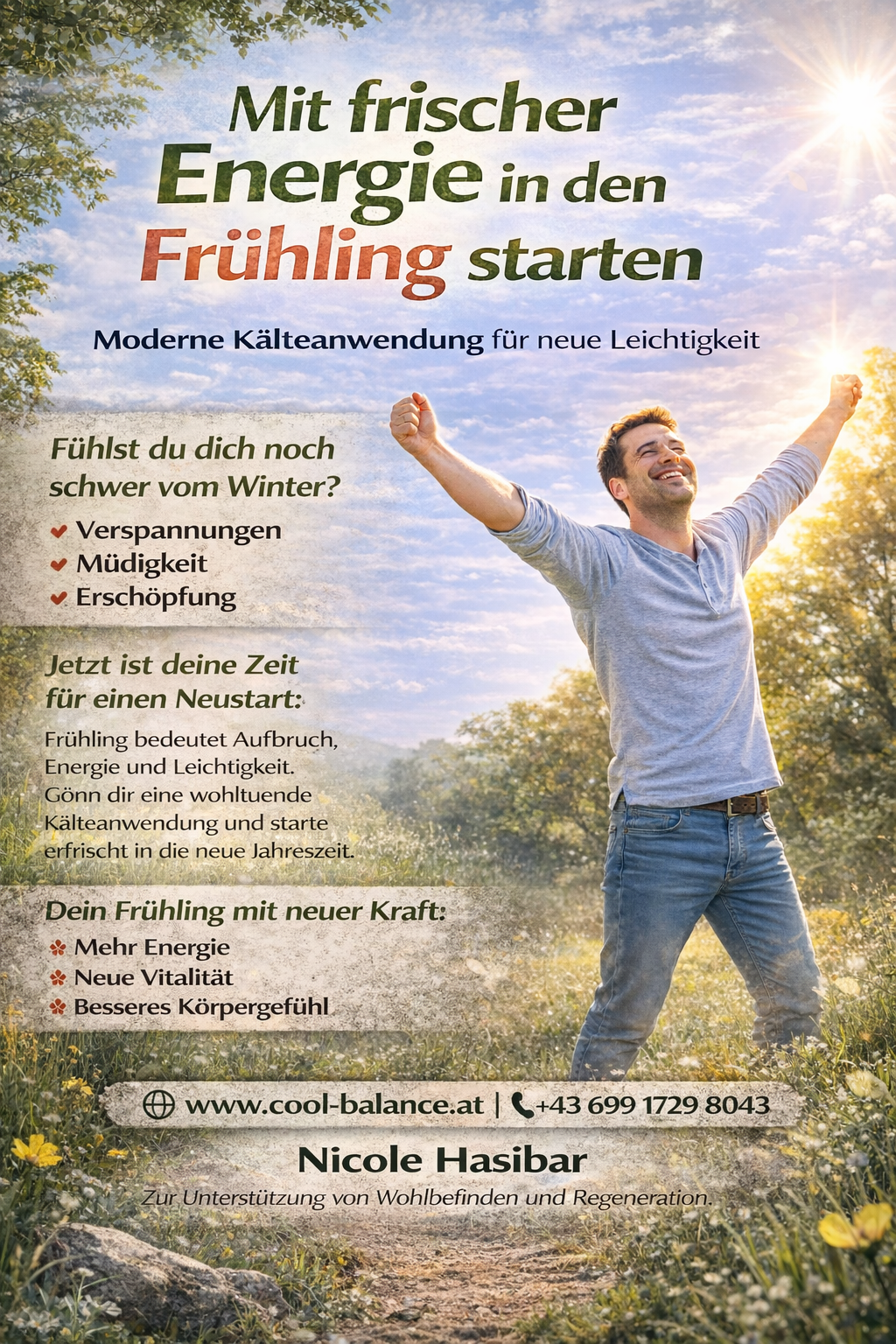 A flyer showing a man with arms raised, smiling. The text encourages feeling lighter and energized with modern cooling techniques. It addresses symptoms like fatigue and exhaustion, and promotes a new start with more energy and vitality.