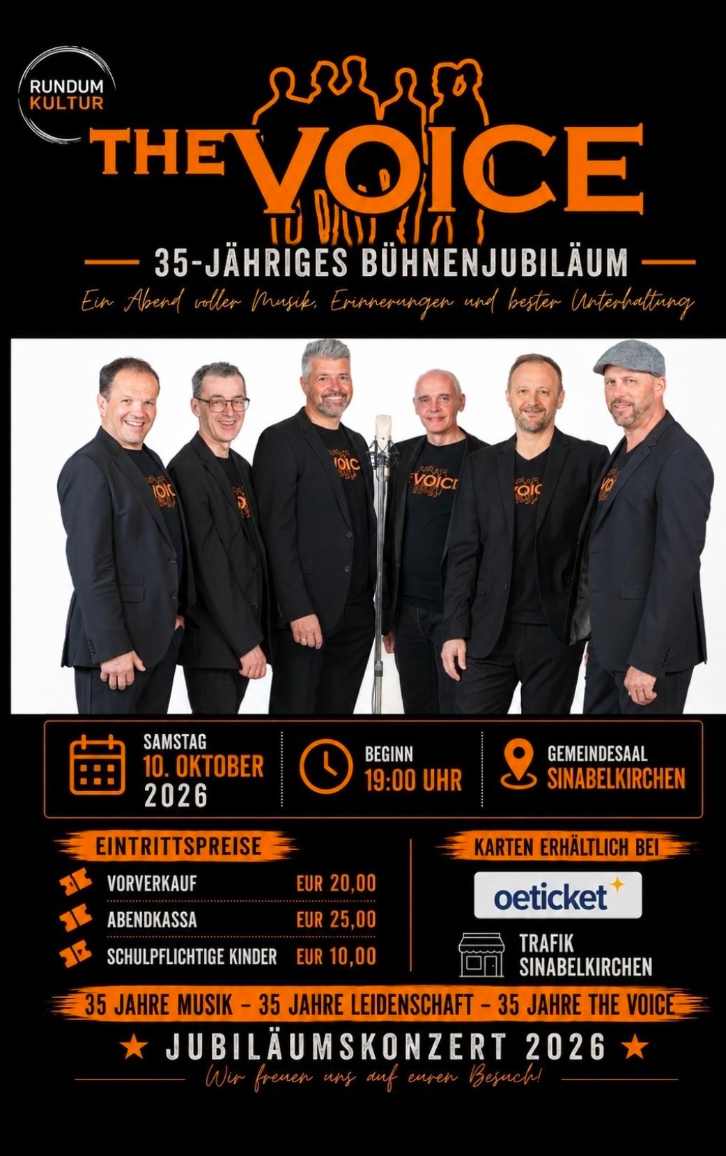 Five men in black suits stand in front of a microphone, likely for a musical event. The text overlays indicate the event is on Saturday, October 10, 2026, starting at 19:00, in Sinabelkirchen. Ticket prices are 20 euros for pre-sale and 25 euros at the door.