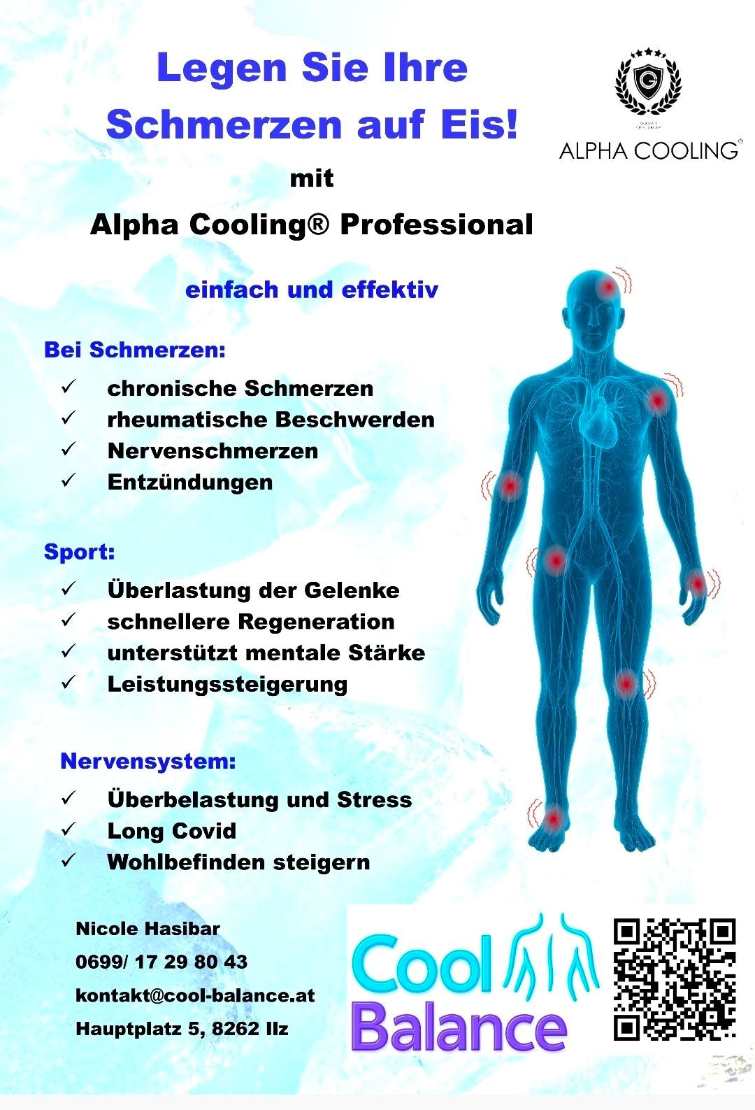 Infographic showing Alpha Cooling Professional benefits for pain, sports, and nervous system. Highlighted areas on a human body indicate relief for chronic pain, rheumatic complaints, nerve pain, inflammation, joint overload, faster regeneration, mental strength, and stress.
