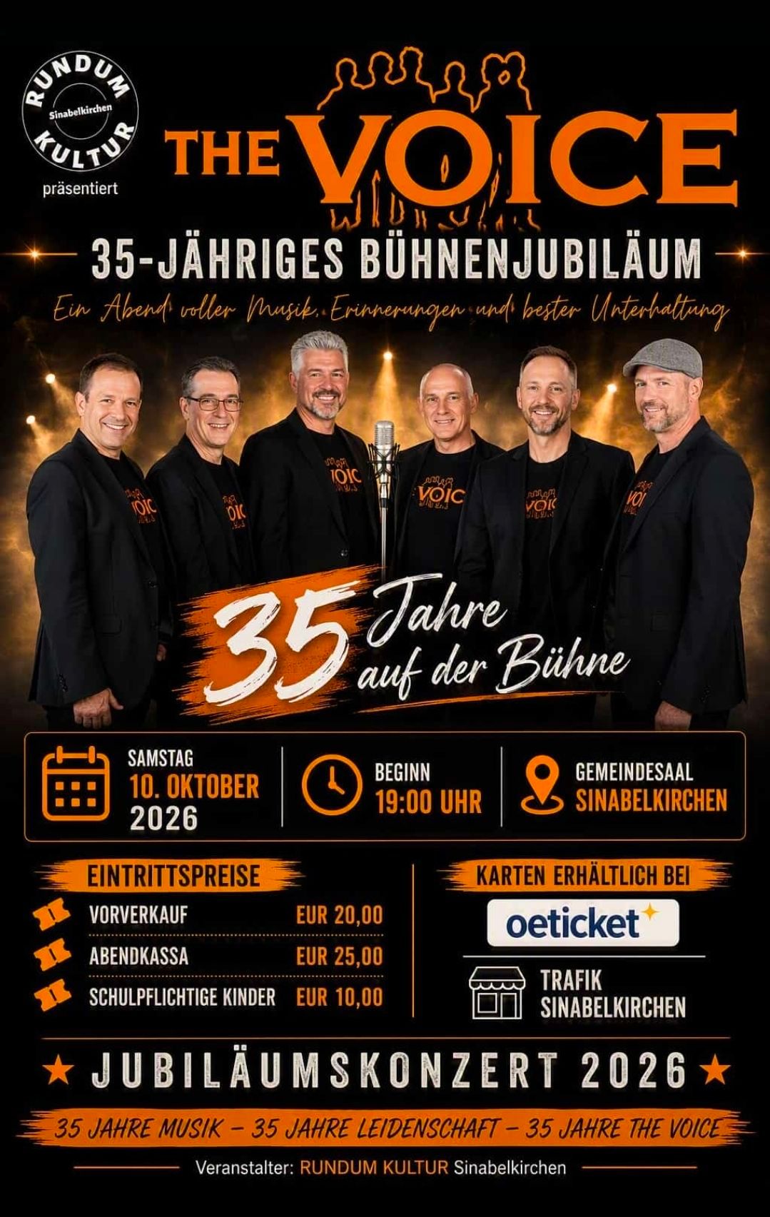 Poster for a 35th anniversary celebration on stage featuring five men in black suits with orange text. The event is scheduled for October 10, 2026, at 19:00 in Sinabelkirchen. Ticket prices are listed, with pre-sale at 20.00 EUR and evening ticket at 25.00 EUR. Children under 10 are free.