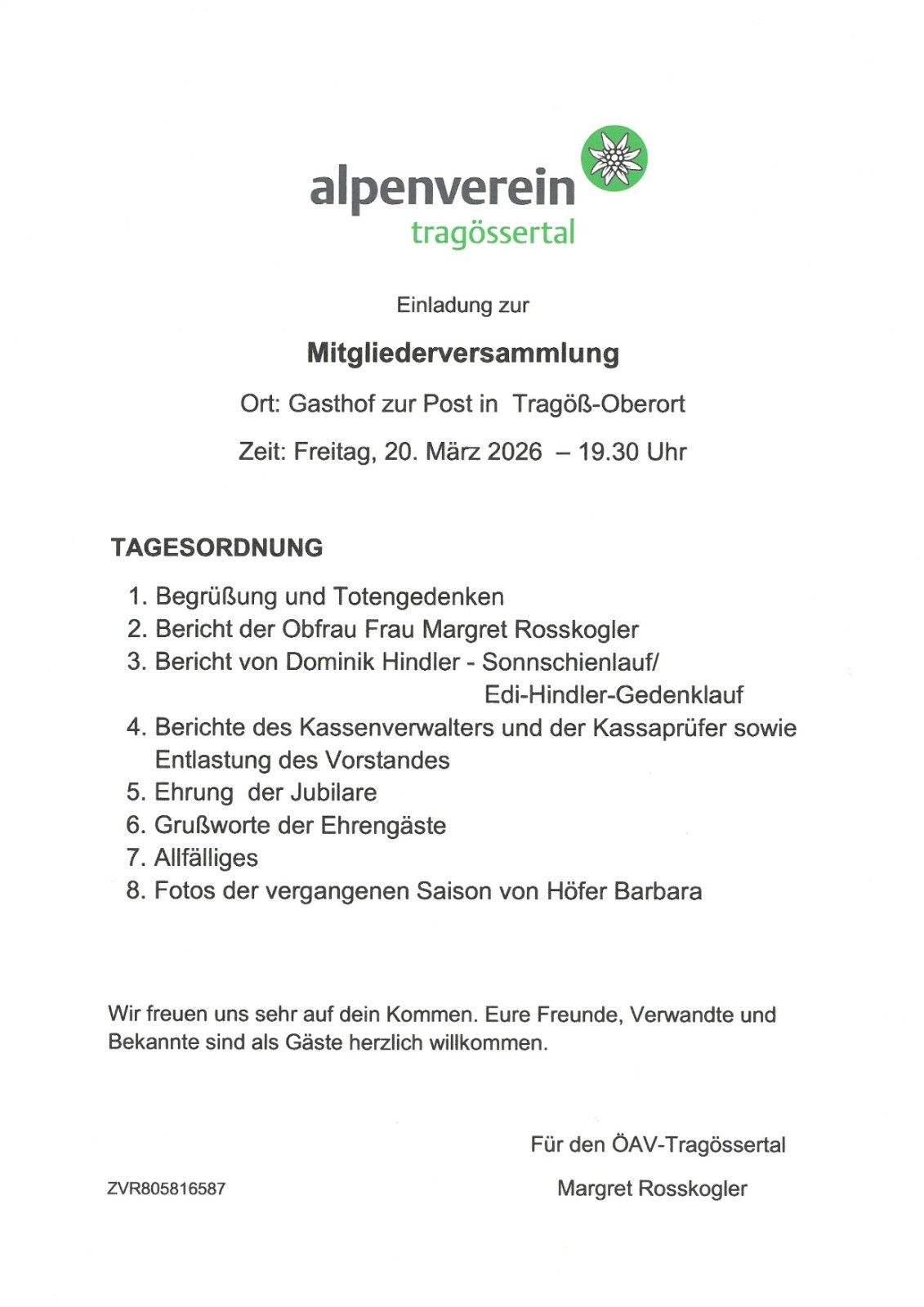 Invitation to the Member's Assembly at Gasthof zur Post in Tragöb-Oberort on Friday, March 20, 2026 at 19:30. The agenda includes greetings, reports, financial updates, and general business.