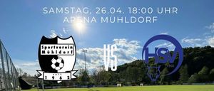 Plakat für ein Fußballspiel mit Logos der Teams, Datum und Uhrzeit des Spiels, Sponsorenlogos und einem Feld im Hintergrund.