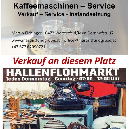 Werbung für Kaffeemaschinen und Service mit einem Telefon, Tassen und einem Marktschild. Kontaktinformationen sind angegeben.