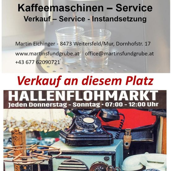 Werbung für Kaffeemaschinen und Service mit einem Telefon, Tassen und einem Marktschild. Kontaktinformationen sind angegeben.