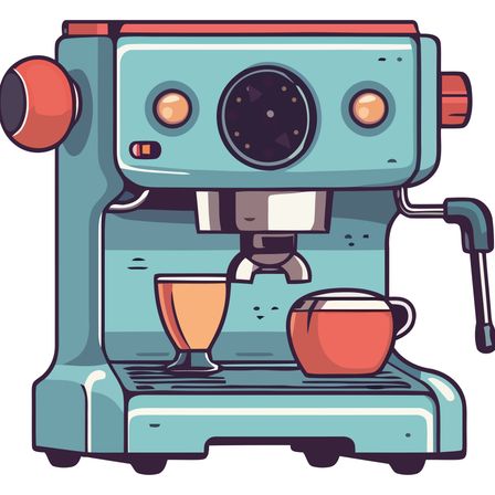 Eine illustrierte Kaffeemaschine mit zwei Tassen, eine mit Griff und eine ohne.