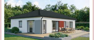 Das Bild zeigt einen Bungalow mit drei Schlafzimmern und einem schwarzen Dach, umgeben von einem Garten mit einer Terrasse, Pflanzen und einem Esstisch. Das Haus verfügt über ein Wohnzimmer, eine Küche und drei Schlafzimmer sowie ein Badezimmer. Es hat einen Grundriss und einen Etagenplan mit drei Zimmern. Das Haus ist auf einem Fundament errichtet und hat einen Preis von 295.820 Euro.