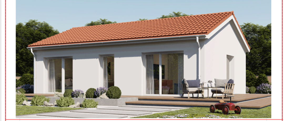 Ein 3-Zimmer-Bungalow mit Terrasse, zum Preis von 281.000 Euro. Er beinhaltet Luft-Wasser-Wärmepumpe, Fußbodenheizung, Lüftungsanlage und Kühlung im Sommer. Er ist auf einem optionalen 400 oder 800 Quadratmeter großen Grundstück gebaut, alle Dachneigungen sind möglich, und drei Nebengebäude können hinzugefügt werden. Die Bauzeit und Haus-Errichtungszeit sind nicht im kommerziellen Angebot enthalten.