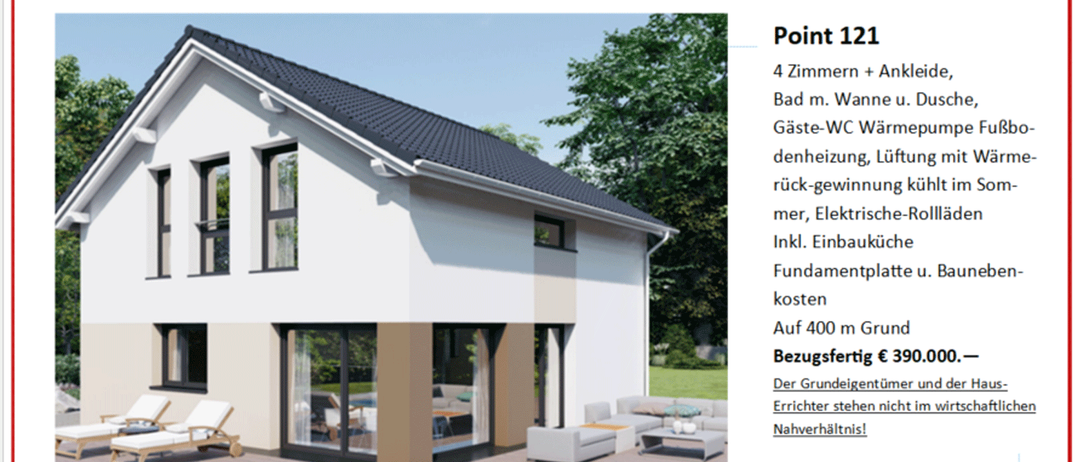 Ein Broschürenblatt für ein modernes Haus mit einem detaillierten Grundriss, der einen zweistöckigen Grundriss zeigt, einschließlich Wohnzimmer, Schlafzimmer, Küche und Badezimmer. Das Haus wird als bezugsfertig beschrieben, mit verschiedenen Annehmlichkeiten.