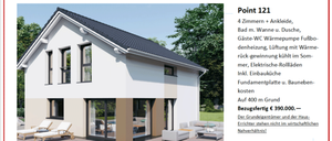 Ein Broschürenblatt für ein modernes Haus mit einem detaillierten Grundriss, der einen zweistöckigen Grundriss zeigt, einschließlich Wohnzimmer, Schlafzimmer, Küche und Badezimmer. Das Haus wird als bezugsfertig beschrieben, mit verschiedenen Annehmlichkeiten.