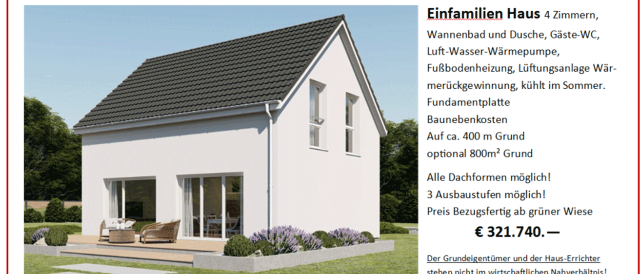 Eine Anzeige für ein Vier-Zimmer-Familienhaus mit Grundrissen, Spezifikationen und einem Preis von 321.740 Euro. Das Haus verfügt über ein Badezimmer, Dusche, Gaszentralheizung, Fußbodenheizung, ein Belüftungssystem und drei mögliche Dachoptionen.