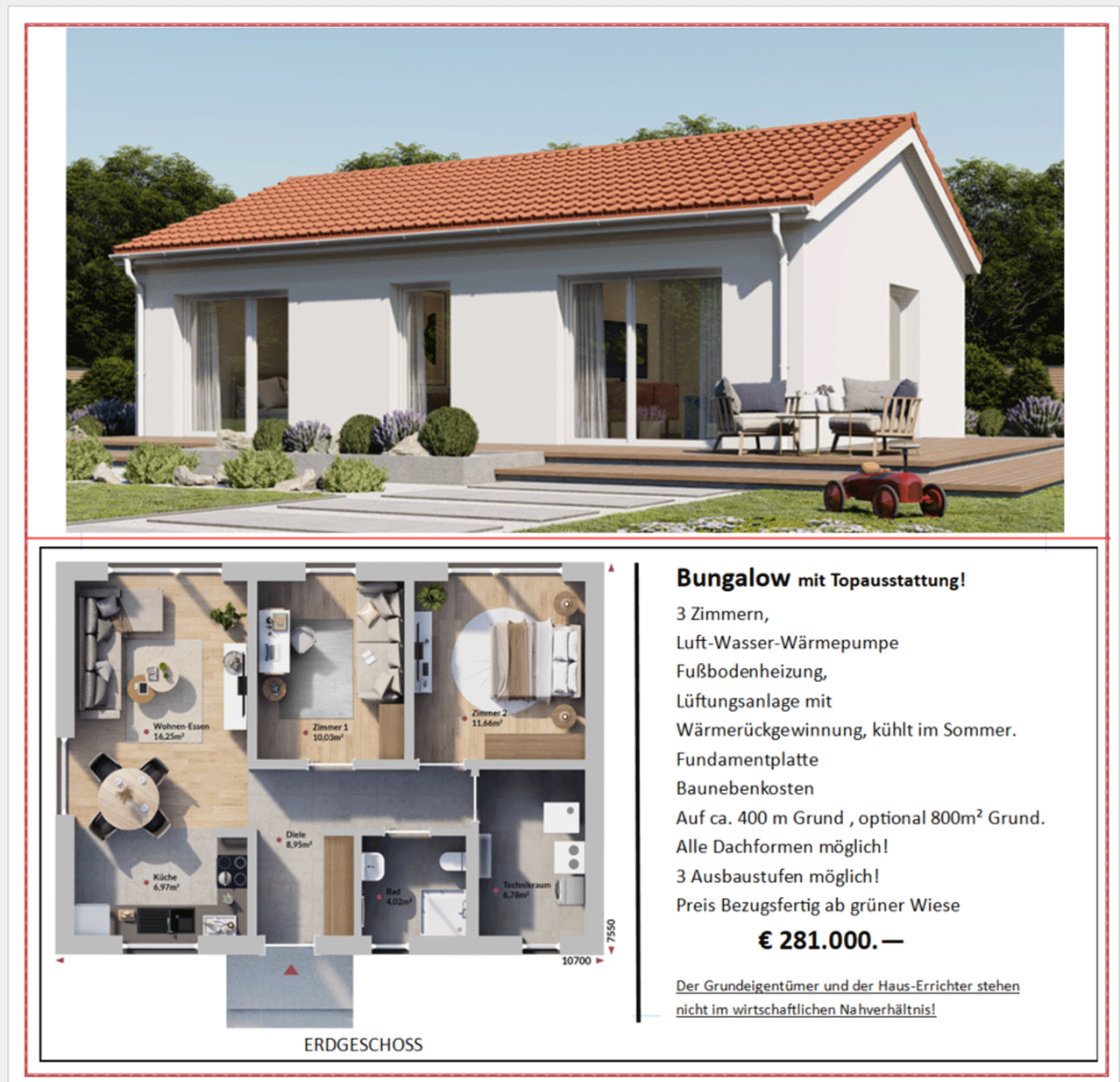 Ein weißer Bungalow mit rotem Ziegeldach ist abgebildet, mit einem geräumigen Wohnbereich mit großen Fenstern, einer Terrasse mit Holzdeck und einem Garten. Unten ist ein Grundriss des Bungalows zu sehen, der drei Zimmer, einen Wohnbereich, eine Küche, ein Badezimmer und einen Keller zeigt. Der Bungalow kostet 281.000 Euro.