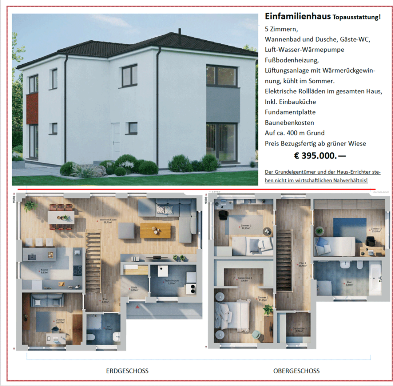 Ein Bild eines modernen Einfamilienhauses mit fünf Zimmern, Badewanne und Dusche, Gas-WC, Luft-Wasser-Wärmepumpe, Fußbodenheizung, Sommerkühlung, elektrischen Rolläden, Keller, Fundamentplatte, Erdbedeckung auf 400 Quadratmetern und einem Preis von 395.000 Euro.