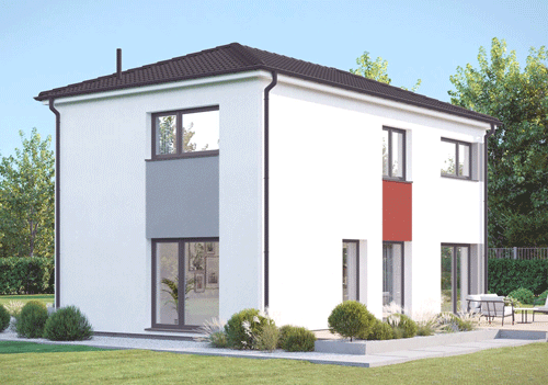 Ein modernes Haus mit schwarzem Dach und weißen Wänden, mit einer roten Akzentwand, Glastüren und Fenstern.