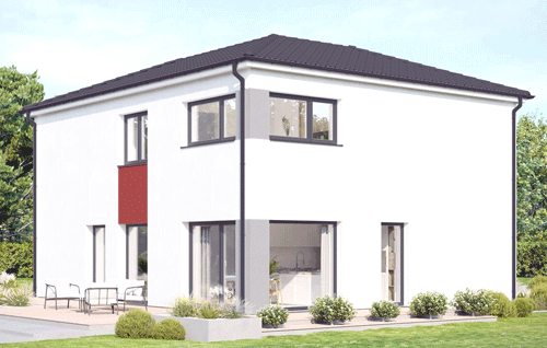 Illustration eines modernen zweistöckigen Hauses mit Flachdach, weißen Wänden und roten Akzenten. Ein Patio mit Möbeln und Grünpflanzen im Vordergrund.