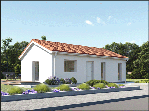 Ein weißes Haus mit rotem Dach, einer Veranda und einem Garten mit lila Blumen davor.