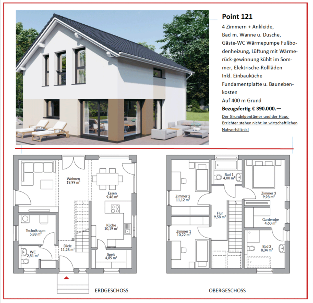 Das Bild zeigt ein modernes Hausdesign mit Grundrissplänen für das Erdgeschoss und das Obergeschoss. Das Haus hat vier Zimmer, einen Kleiderschrank, ein Badezimmer mit Dusche, eine Wärmepumpe im Erdgeschoss und elektrische Rollläden. Das Haus wurde auf 400 Quadratmetern gebaut und ist für 390.000 Euro erhältlich.