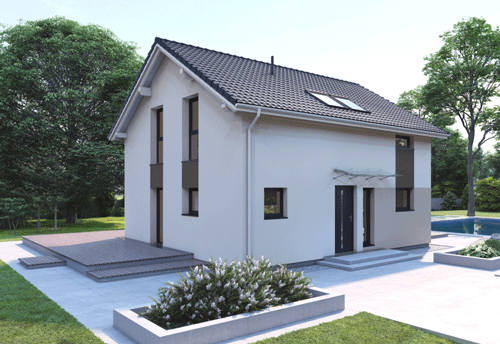 Ein modernes weißes Haus mit schwarzem Dach und einem Schwimmbad im Hintergrund.