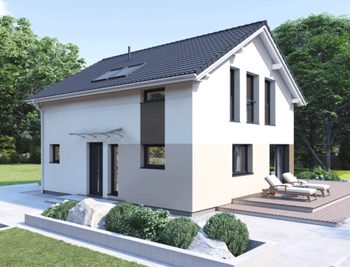 Ein Bild eines modernen, weißen Hauses mit schwarzem Dach, Solarpanelen und einer Terrasse mit zwei Liegestühlen.