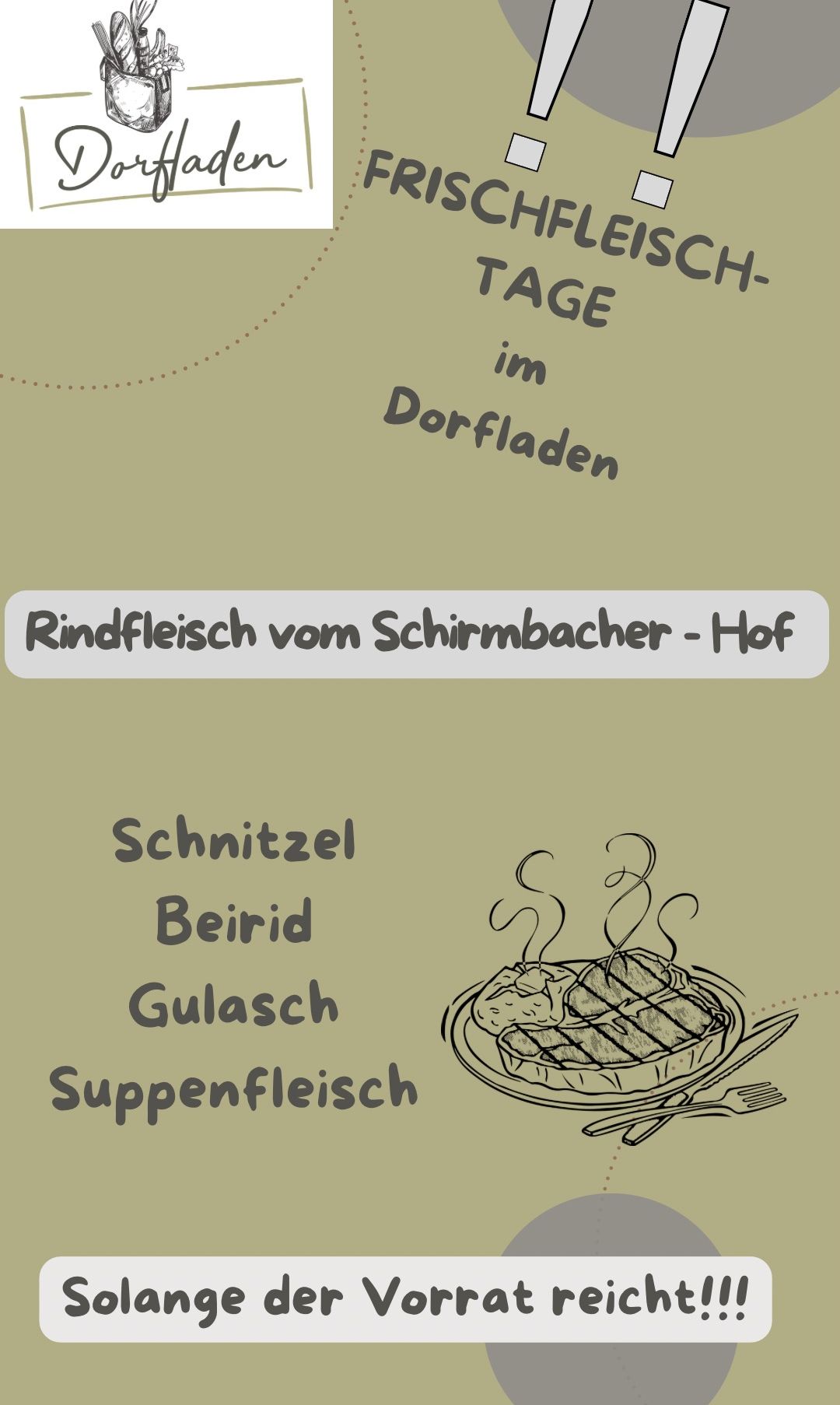 Eine Werbung für Rindfleisch vom Schirmbacher-Hof in Dorfladen. Sie zeigt eine Zeichnung eines Fleischgerichts mit Dampf und einer Gabel und einem Messer auf einem Teller.