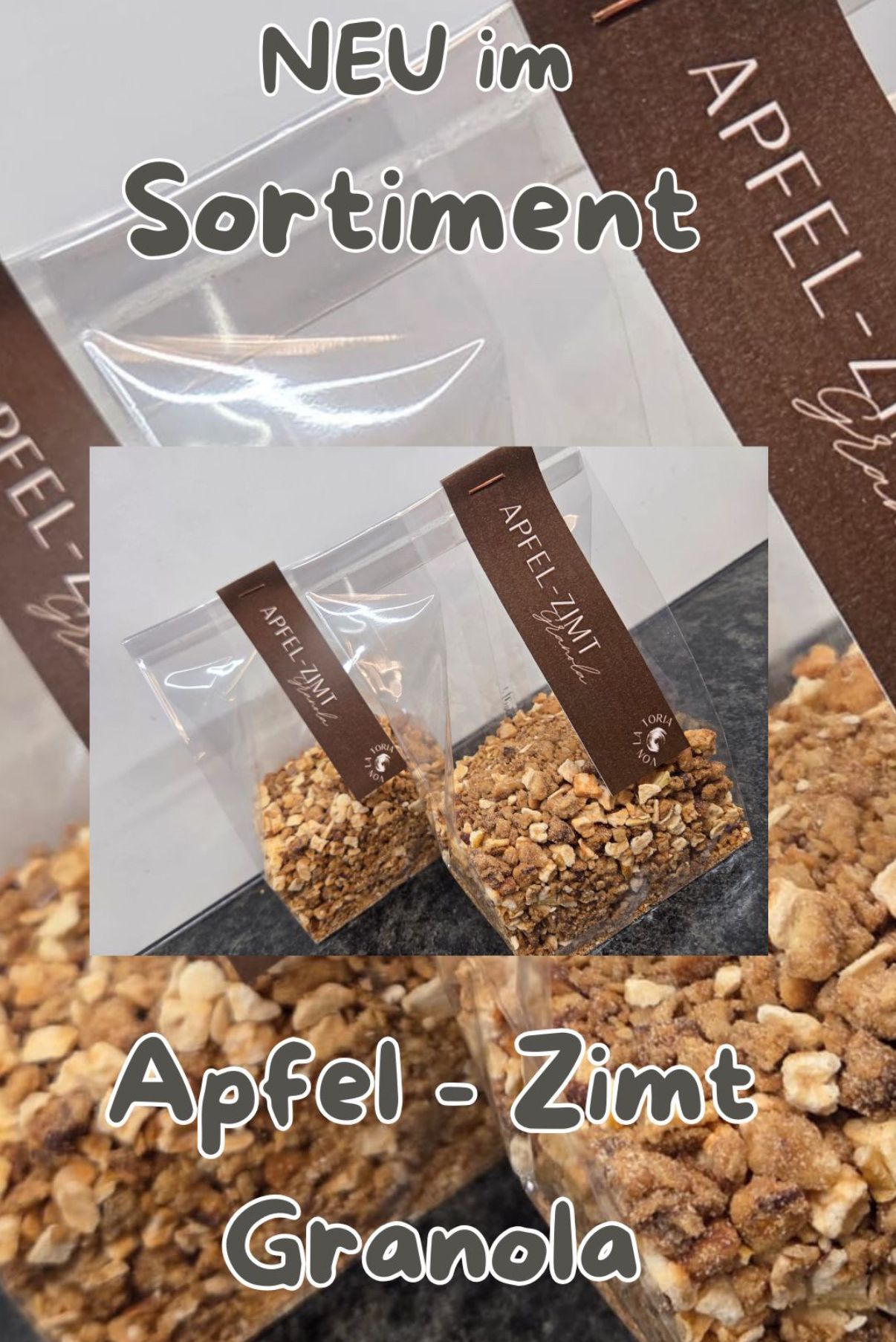 Packages of 'Apfel-Zimt', a cinnamon apple crumble, in clear plastic packaging with brown labels. The image shows a close-up of the packages on a marble surface.