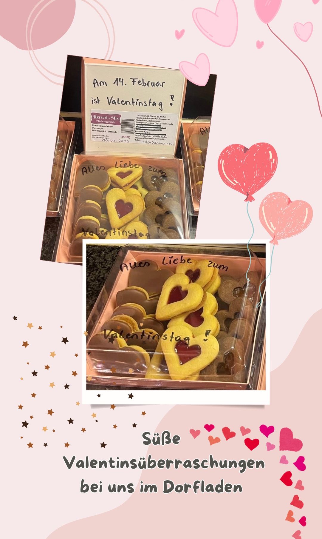 Boxes of heart-shaped cookies with red filling, labeled 'Alles Liebe zum Valentinstag', are shown with two pink heart-shaped balloons.