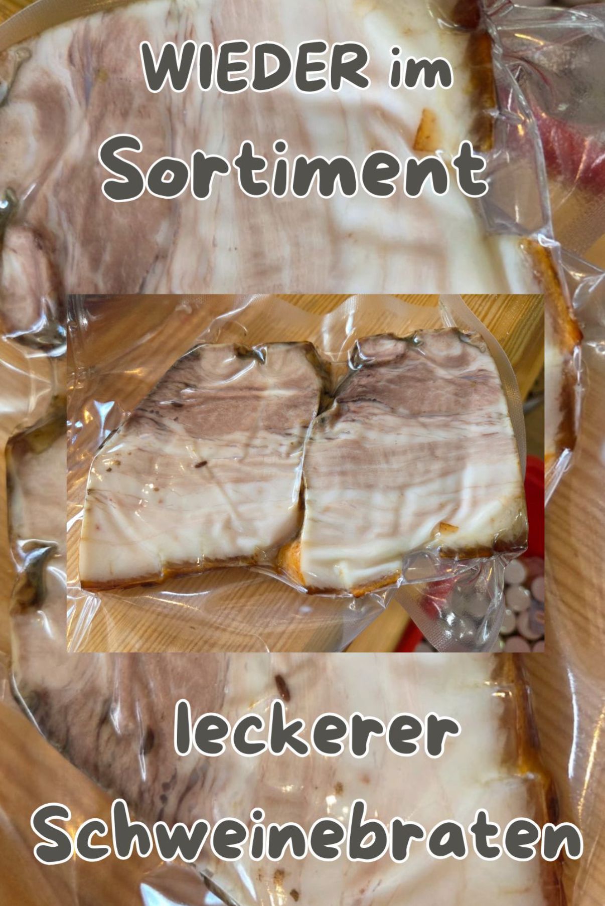 The image shows two pieces of meat, one larger and one smaller, packed in plastic. The larger piece is cut and has a brownish color. The smaller piece is also cut and has a white color. The word 'Sortiment' is written above the meat. The word 'leckerer' is written below the meat.