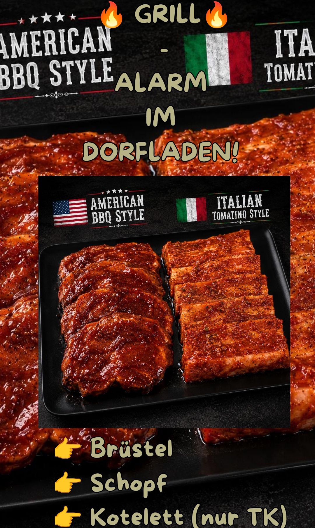 Zwei Rippensorten, American BBQ und Italian Tomato, sind auf einem schwarzen Teller mit glänzender Sauce. Der Teller wird auf einer dunklen Oberfläche mit dem Text 'IM DORFLADEN!' darüber präsentiert.
