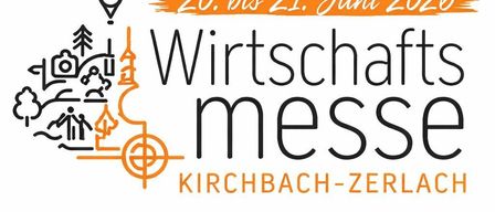 Ein Logo für die Wirtschaftsmesse Kirchbach-Zerlach, die vom 20. bis 21. Juni 2026 stattfindet. Das Logo enthält einen Kartenmarker, ein Gebäude und landschaftliche Symbole.