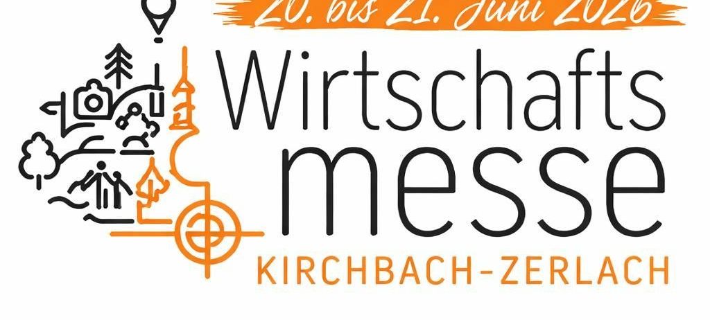 Ein Logo für die Wirtschaftsmesse Kirchbach-Zerlach, die vom 20. bis 21. Juni 2026 stattfindet. Das Logo enthält einen Kartenmarker, ein Gebäude und landschaftliche Symbole.